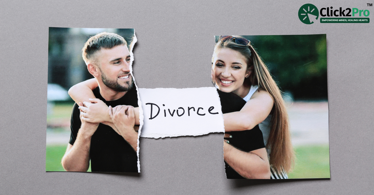 Torn photo of a smiling couple with the word 'Divorce' symbolizing the emotional impact of a breakup