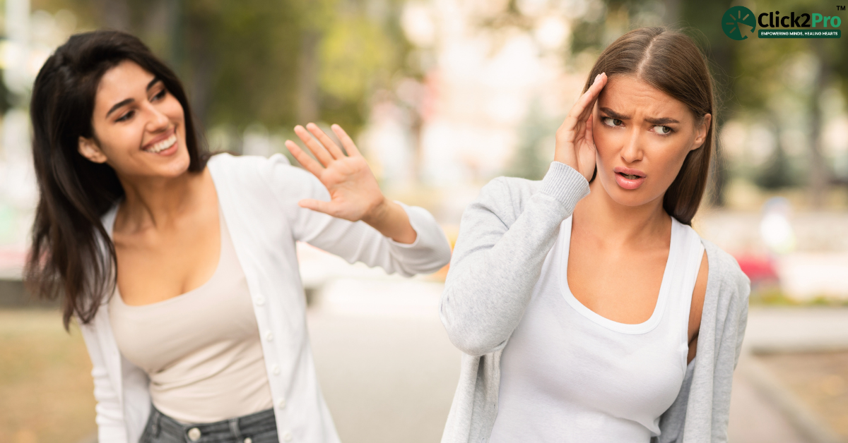 voidant Personality Disorder concept: woman shying away from social interaction, feeling anxious.