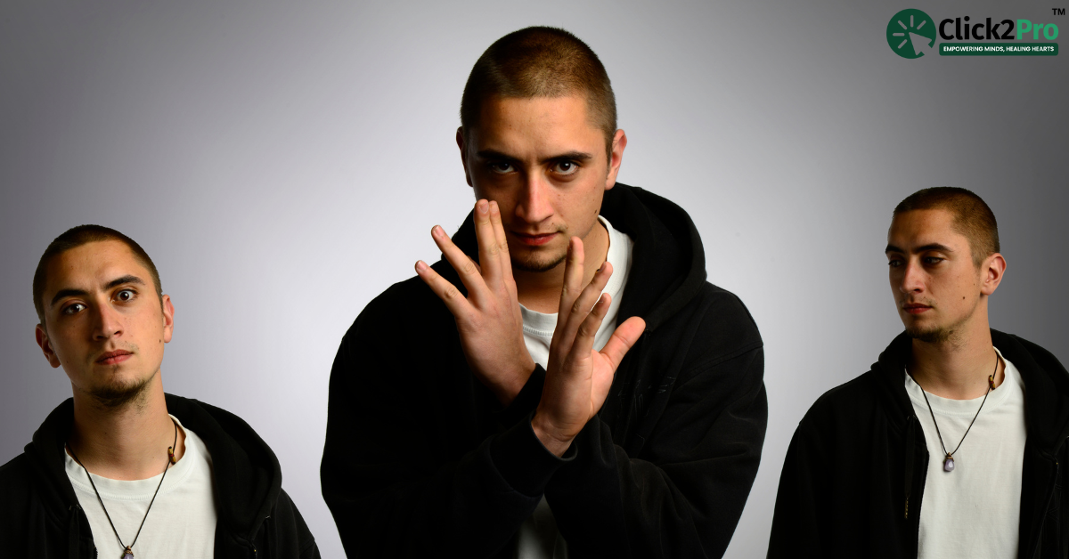 Man displaying multiple personalities, illustrating the impact of trauma on identity for DID awareness.