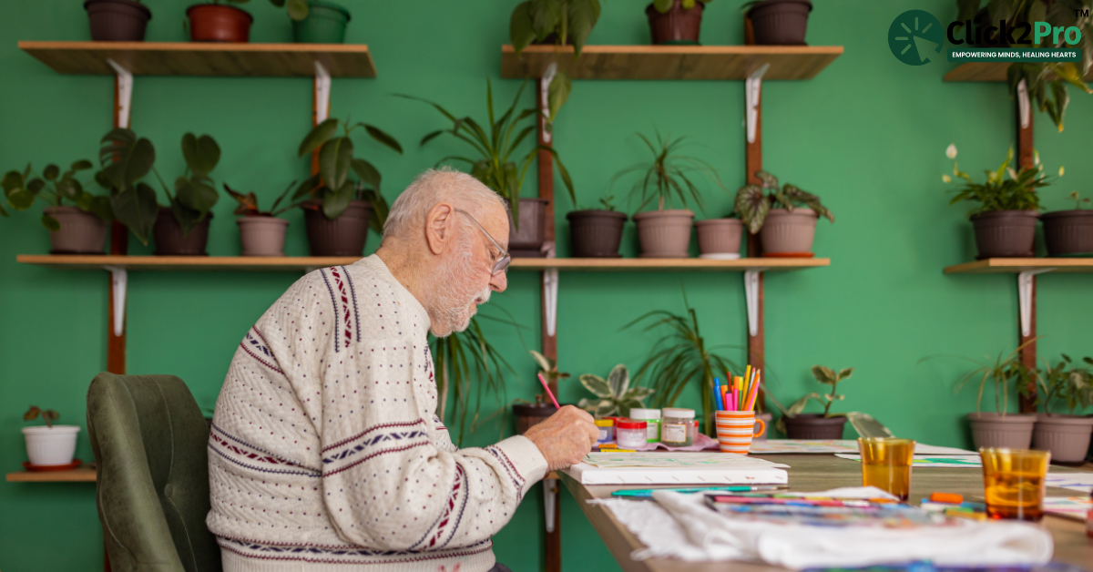 Elderly man painting in a calm, green space, engaging in activities to reduce loneliness and dementia risk.