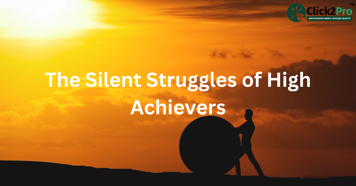High achiever pushing uphill symbolizing silent mental health struggles at sunset - Click2Pro blog