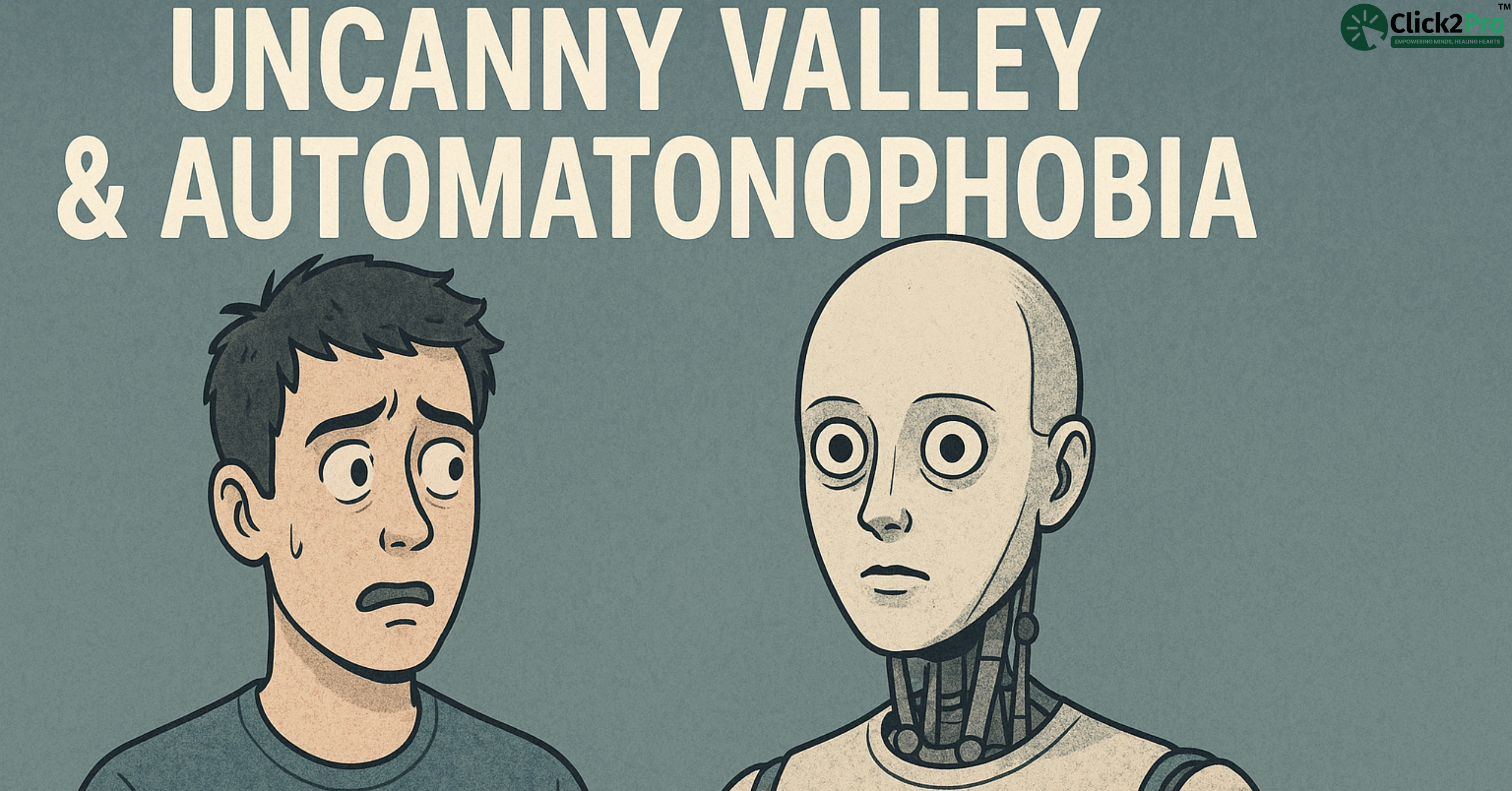 Man feeling anxious beside humanoid robot, representing uncanny valley and automatonophobia fears.