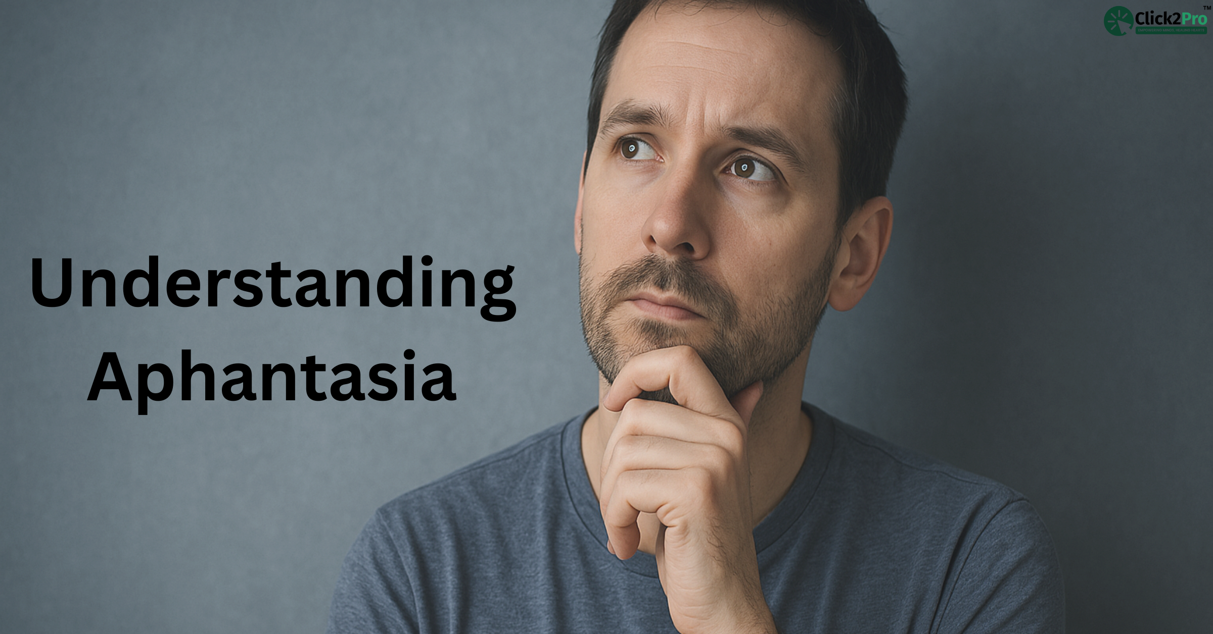 Man thinking deeply with “Understanding Aphantasia”