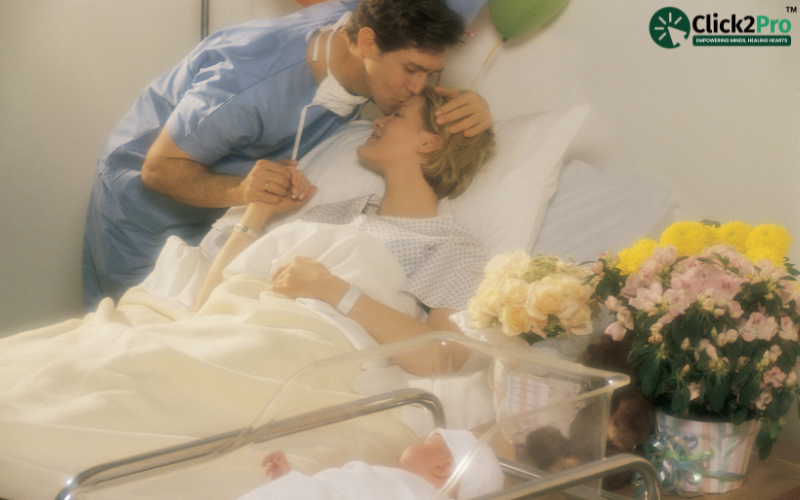 Happy parents bonding post-childbirth in a hospital, emphasizing recovery and intimacy.
