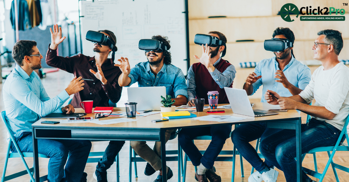 Group therapy session using virtual reality headsets for phobia and paranoia treatment at Click2Pro.