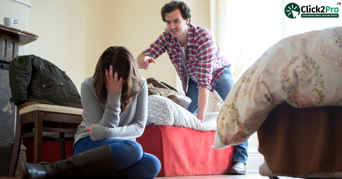 Counselling for emotional abuse: Woman distressed as partner yells, highlighting need for recovery support