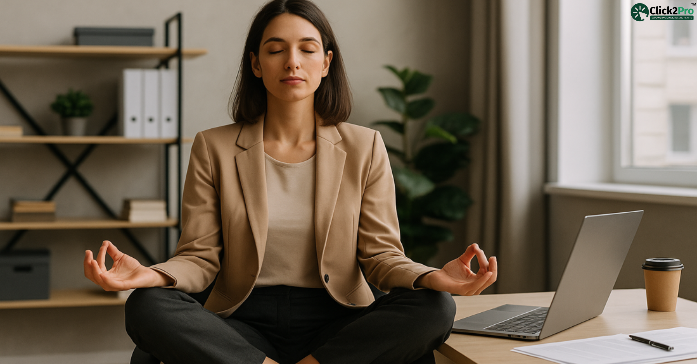 Woman practicing mindfulness at work for success in high-pressure careers