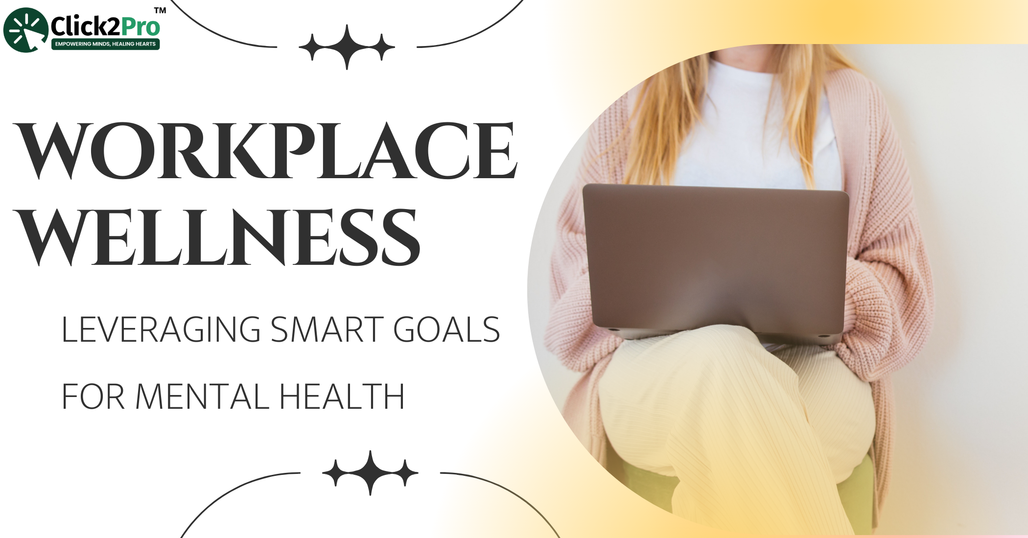 Woman using laptop for workplace wellness training on SMART mental health goals – Click2Pro