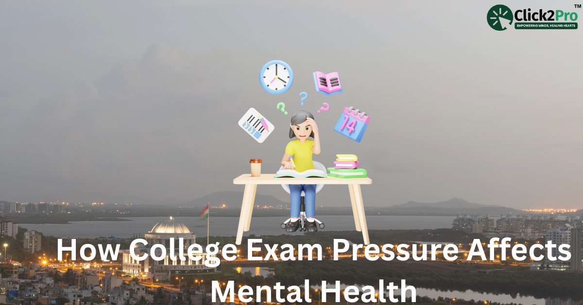 Student stressed with college exams and deadlines affecting mental health, set against Navi Mumbai skyline.