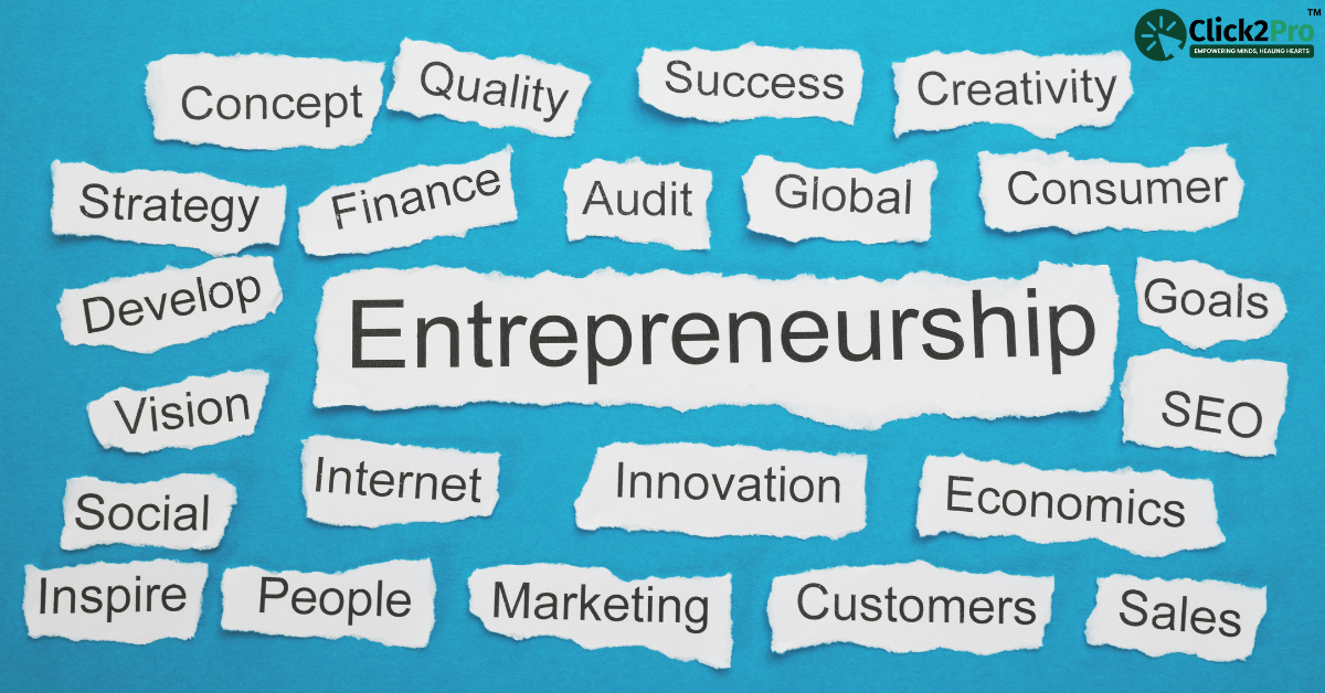 Entrepreneurship concept with words like innovation, finance, strategy, and success on paper.